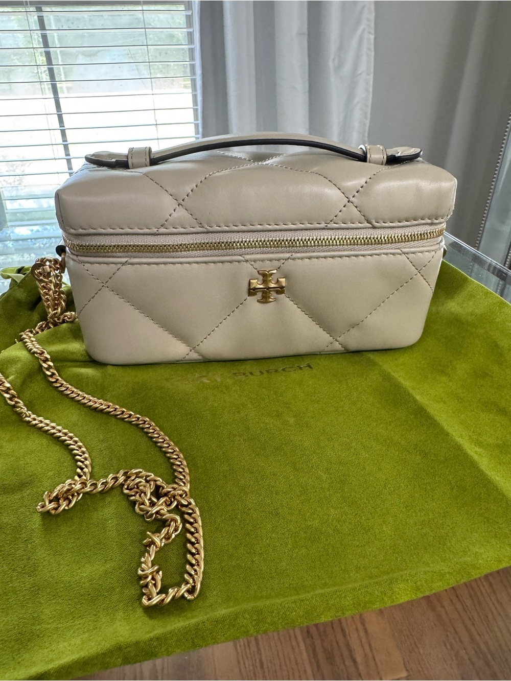 Tory Burch Quilted Leather Shoulder Bag in Light Beige with Gold Chain